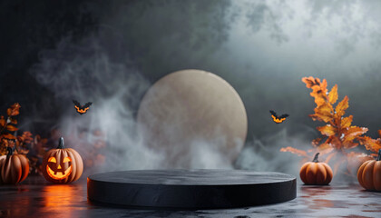 3d podium product presentation with halloween pumpkin background and smoke in scene, spooky halloween backdrop