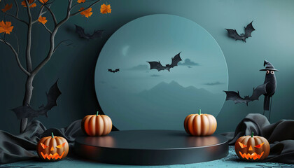 3d round podium with halloween bat and pumpkin background, spooky halloween backdrop