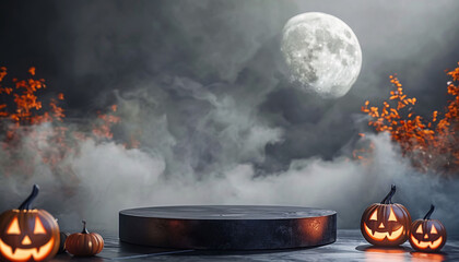 podium product presentation with halloween background and smoke in scene, spooky halloween backdrop