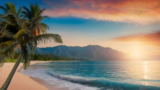 Tropical paradise beach scene with palm trees, pristine sea, and a dove flying in the sky. Serene island getaway concept.Seamless looping 4k timelapse virtual video animation background generated AI
