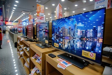 Various television sets displayed in a contemporary home electronics retail shop
