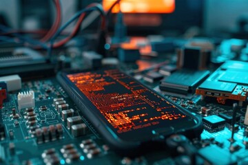 Close-up of circuit board with smartphone displaying binary code for digital technology concept
