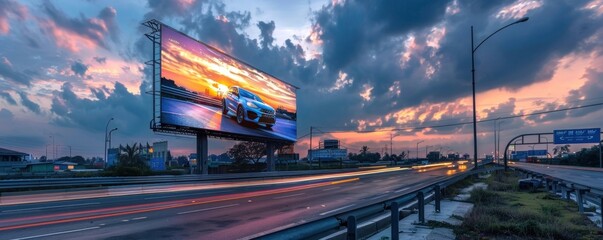 Busy highway at sunset with blank billboard and city skyline at night