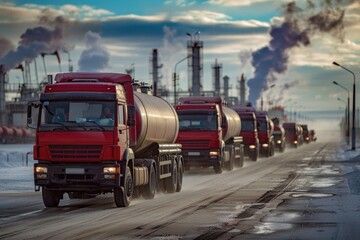 Convoy of red oil tanker trucks on the road near the oil refinery in winter season with dramatic sky