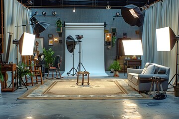 Retro Styled Indoor Photo Studio with Professional Lighting Equipment and Furniture