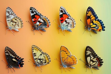 Colorful variety of butterflies including monarch, swallowtail, tiger on peach background