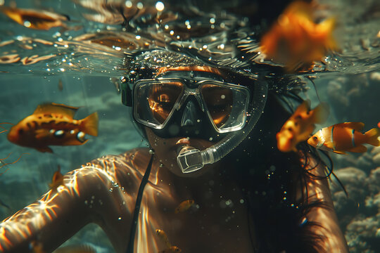  girl in snorkeling mask dives gracefully underwater, exploring the vibrant marine world, perfect for travel and vacation concepts
