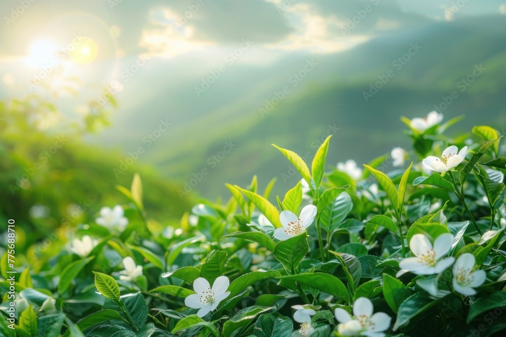 Wall mural beautiful white tea flowers in lush green tea plantation under morning sun with mountain range