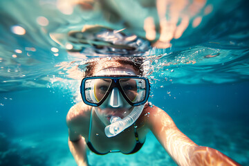 Naklejka premium girl in snorkeling mask dives gracefully underwater, exploring the vibrant marine world, perfect for travel and vacation concepts