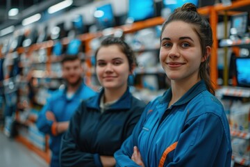 Three young professionals in blue workwear posing for a photo in a modern electronics store