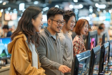 Fototapeta premium A group of friends happily exploring the latest computer models at a tech store.