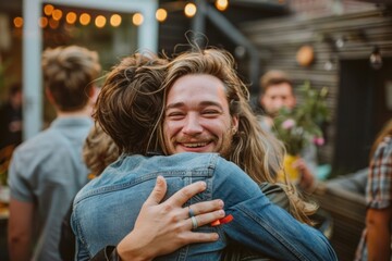 Two cheerful young men hugging each other outside in the garden during a party.