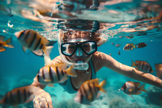  girl in snorkeling mask dives gracefully underwater, exploring the vibrant marine world, perfect for travel and vacation concepts