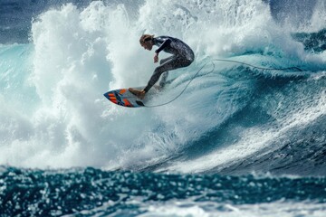 Obraz premium Surfer rides the wave, carving a clean line across the open ocean.