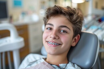 Young boy with braces smiling in dentist chair, looking at camera with bright, healthy teeth