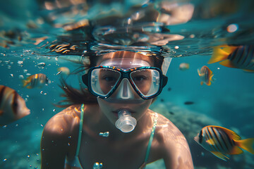 Naklejka na ściany i meble girl in snorkeling mask dives gracefully underwater, exploring the vibrant marine world, perfect for travel and vacation concepts