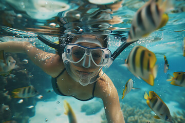  girl in snorkeling mask dives gracefully underwater, exploring the vibrant marine world, perfect for travel and vacation concepts - obrazy, fototapety, plakaty