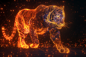 Majestic tiger illustration showcasing intricate digital wireframe polygons, exuding power and grace, perfect for wildlife-themed designs and creative projects