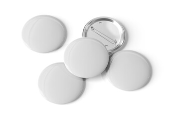 Badge mockup isolated on white. 3d rendering template of five pins buttons with reflections and shadows. - 775689939