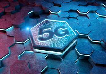 5G icon concept engraved on metal hexagonal pedestral background. Wireless technology logo glowing on abstract digital surface. 3d rendering