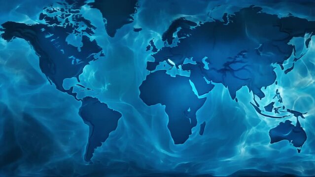 A map of the world depicted in blue water. Watch as the continents and oceans are animated in a unique and visually striking way.
