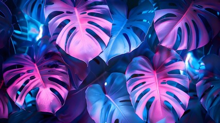 Tropical leaves in neon colors on black background. Banner design, Paradise plant, greenery chic card. Stylish fashion banner. Neon light template. All leaves are not cut. Isolated and ai generated 