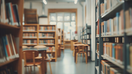 Blurred library interior with bookshelves and chairs - obrazy, fototapety, plakaty