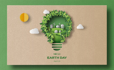 World Earth Day, design for an eco friendly banner, a light bulb shape with city and garden, save the planet and energy concept, paper illustration, and 3d paper.