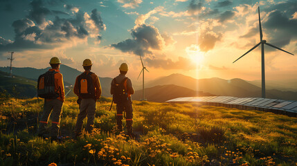 A group of engineers are considering installing solar panels, mountain wind turbine solar panel in the background for energy advertising and background