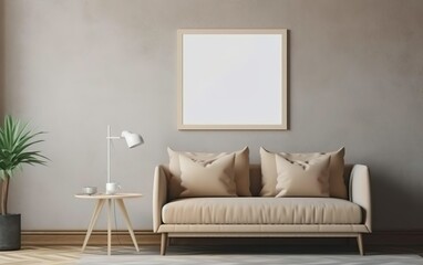Mock up poster frame in modern beige home interior. Minimalistic natural style. Toned colors. AI Generative.