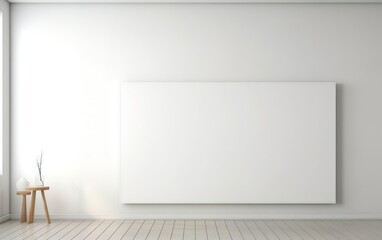 Minimalistic style art studio space mockup. Huge white framed blank art canvas on large wall in minimal room. Soft day light. AI Generative.