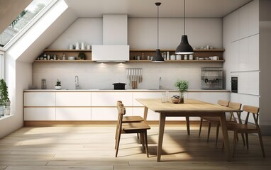 Modern kitchen, interior design, minimalistic scandinavian look. Natural wooden and white materials. Minimalistic sunny photo. AI Generative