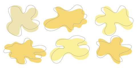 Set of organic irregular blob shapes with stroke line. Yellow random deform spot fluid circle Isolated on white background Organic amoeba Doodle elements. Abstract rounded forms Vector illustration.