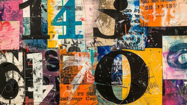 mixed media paper collage with large random numbers