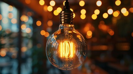 lose-up view of illuminated vintage filament light bulb against blurred background - obrazy, fototapety, plakaty