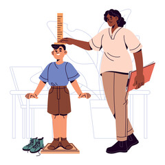 Pediatrician measures growth of boy. Medic examines, testing child in hospital. Pediatric doctor in uniform works with height meter. Children health care. Flat isolated vector illustration on white