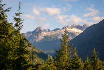 View of the Snow Covered Mountain Peaks and Forest at North Cascades National Park in Washington...