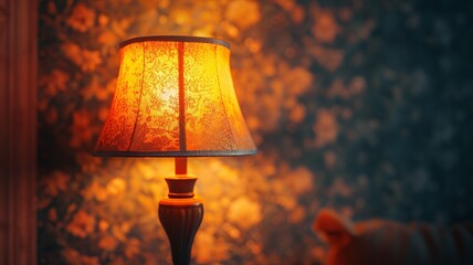 Warm glow of a vintage lamp against intricate wallpaper in a classic room