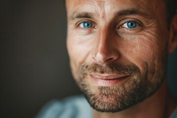 Closeup portrait of man with striking blue eyes looking directly at camera