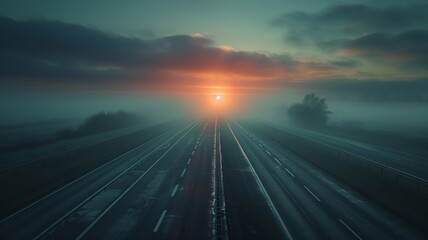 Sunrise on a deserted highway with distant mountains