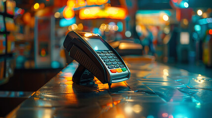 Modern payment terminal ready for transaction in vivid lights