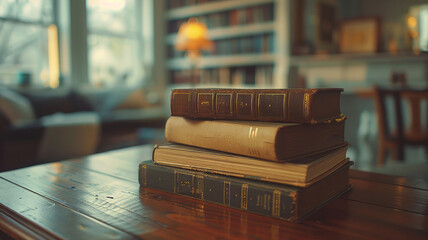 Timeless wisdom stacked in ancient tomes on a wooden table in soft light - obrazy, fototapety, plakaty