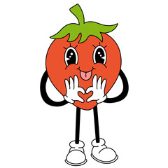Groovy strawberry fruit. Hand draw Funny Retro vintage trendy style fruit cartoon character. Doodle Comic vector illustration
