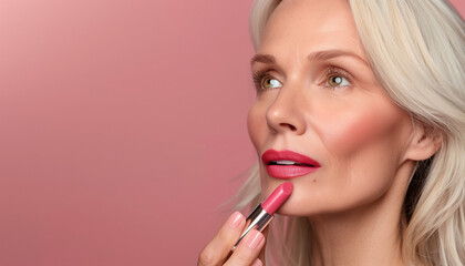 Beautiful woman (senior, elderly) doing make up. Cosmetics (lipstick)