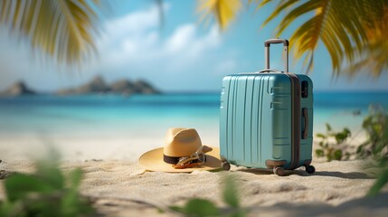 travel suitcase on the beach  - obrazy, fototapety, plakaty
