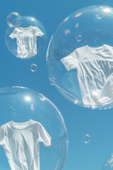 White t-shirts appear to be magically suspended inside transparent soap bubbles, floating effortlessly against the backdrop of a bright blue sky