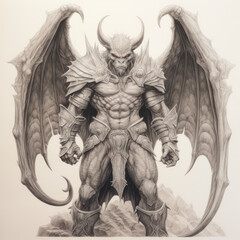 Fototapeta premium Pencil drawing of full body winged Gargoyle wear armor on white background