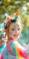 Cheerful six years old girl wearing rainbow unicorn fancy dress celebrating birthday outdoors with colorful confetti and balloons. Children birthday party in a backyard.