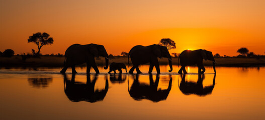 A group of elephants walking across a river at sunset