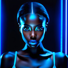Spectacular Black Women on Blue Neon Background(Generative AI) - obrazy, fototapety, plakaty